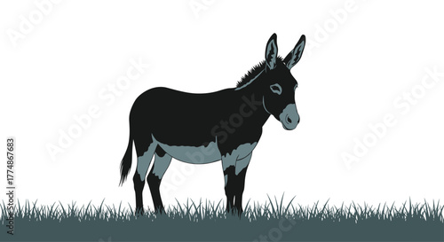 An illustrative depiction of a black donkey with light grey markings standing calmly in a field of stylized green grass against a plain white background.