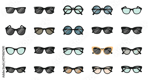 A diverse collection of fashionable sunglasses in various frame shapes, lens colors, and classic styles, perfect for summer fashion and eyewear design concepts.