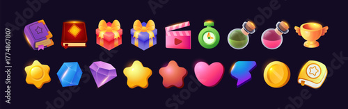 Set of Cartoon Game Icons on Dark Background