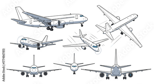 A collection of detailed vector illustrations showcasing various commercial passenger airplanes from different angles and perspectives, including side, top, front, and rear views.