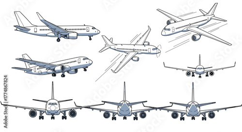 Diverse collection of detailed airplane vector illustrations showcasing different types of passenger aircraft in various dynamic and static views.