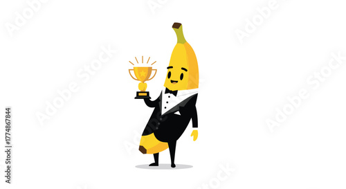 A cheerful cartoon banana character wearing a tuxedo and a bow tie, proudly holding up a shining golden trophy to celebrate success and achievement.