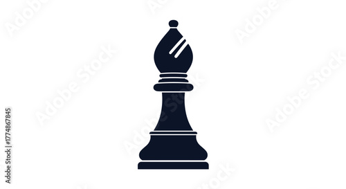 A sleek and minimalist dark chess bishop piece icon, clearly showing its distinctive miter-like top with a diagonal cut, against a clean white background, symbolizing strategy and intellect.