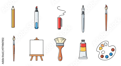 A vibrant collection of various art and drawing supplies including pencils, pens, markers, paintbrushes, an easel, and a palette on a white background.