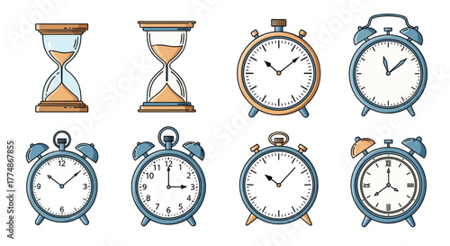 A collection of various timekeeping devices, including traditional hourglasses, classic alarm clocks, and modern stopwatches, on a white background.
