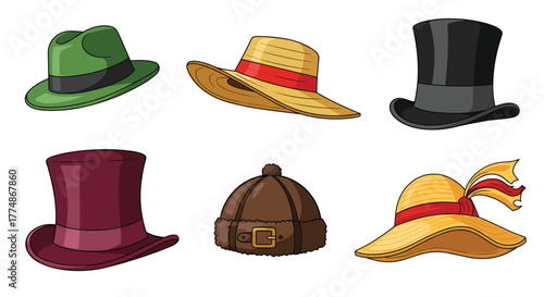 A collection of various stylized hats, including fedoras, straw hats, top hats, and a winter cap, presented on a white background.