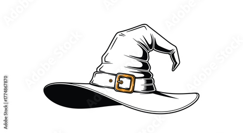A detailed line art illustration of a classic witch's hat with a pointy, crumpled top and a wide brim, featuring a gold-colored buckle on its band, isolated on a white background.