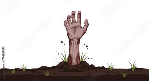 A gnarled, lifeless hand reaches desperately out of the dark, damp earth, surrounded by disturbed soil and sparse grass, evoking themes of resurrection and struggle.