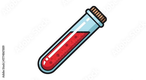 A cartoon-style test tube containing a vibrant red liquid and a cork stopper is tilted on a white background, representing laboratory experiments and medical diagnostics.