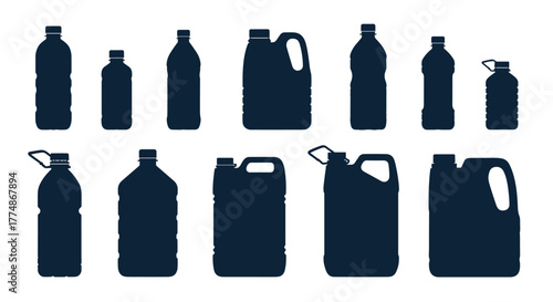 A diverse collection of plastic bottle and container silhouettes in various shapes and sizes, representing packaging for liquids and suitable for themes like recycling and household products.