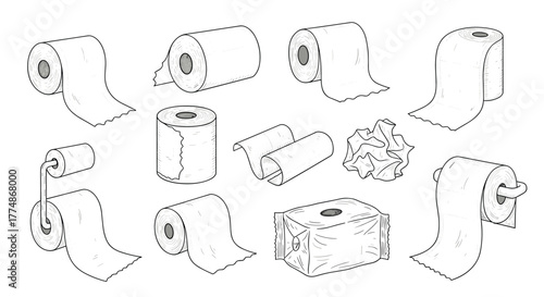 Hand-drawn illustrations depicting various toilet paper and paper towel rolls, including full, unwound, crumpled, and on dispensers, in a clean, isolated style.