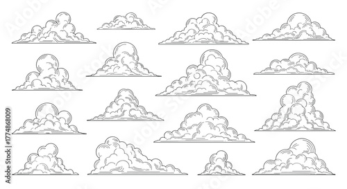 A collection of various artistic hand-drawn cloud formations in a detailed monochrome sketch style with a vintage engraving or woodcut effect, isolated on white.