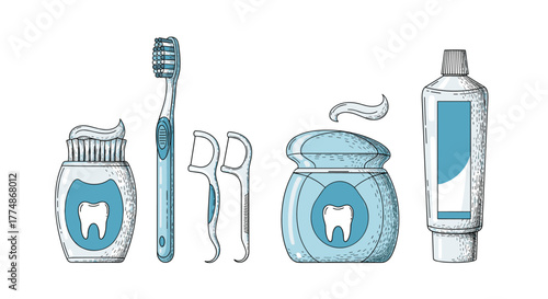 An illustration of essential dental care and oral hygiene products, including toothbrushes, toothpaste tubes, floss picks, and dental floss, on a clean white background.