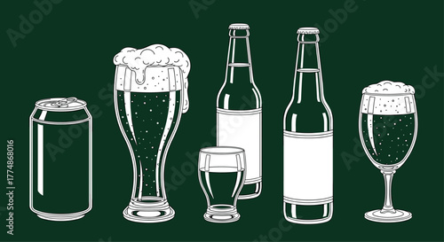 White outline illustration of assorted beer vessels, including a can, bottles, and various glasses filled with frothy beer, set against a solid dark green background.
