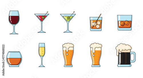 A vibrant collection of various alcoholic beverages and glasses, including wine, cocktails, whiskey, champagne, and different types of beer, set against a clean white background.