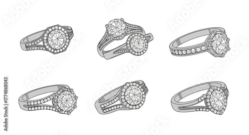 A collection of detailed line art illustrations featuring various diamond engagement rings and wedding bands, showcasing different settings and designs on a white background.