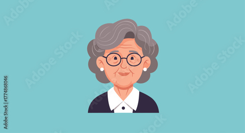 An illustrated portrait of a cheerful senior woman with grey curly hair and glasses, smiling gently against a simple teal background.