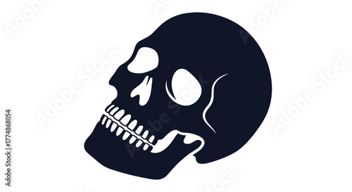 A stylized, dark blue silhouette of a human skull with an open jaw, viewed from a side profile against a clean white background, symbolizing mortality and danger.