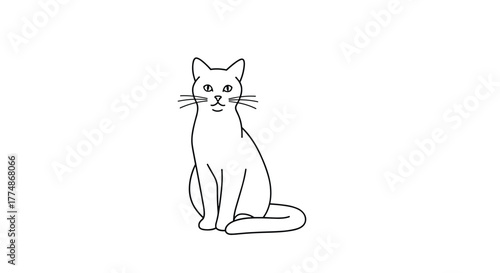 A minimalist black and white line art illustration depicting a domestic cat sitting upright and looking forward, isolated on a clean white background.