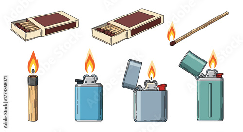 Vector illustration set showcasing classic fire sources like matchboxes, lit matches, and open and closed pocket lighters with flames.