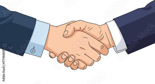 A close-up illustration of two business individuals in professional attire engaging in a firm handshake, representing a completed deal, partnership, or mutual agreement.