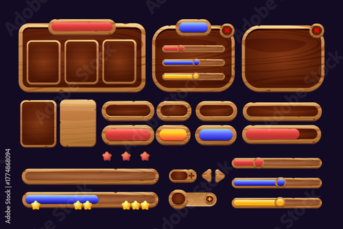 Wooden Game UI Kit Vector Illustration