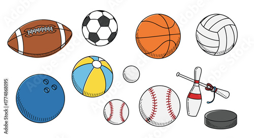 A colorful illustration of various sports equipment, showcasing an array of different balls for popular games like football, soccer, basketball, and volleyball.