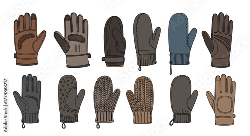 Diverse set of winter handwear featuring gloves and mittens in various materials, colors, and styles, suitable for cold weather protection.