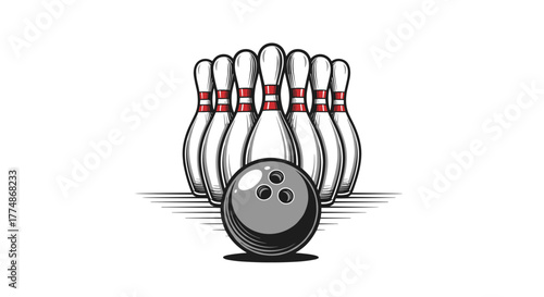 An illustration of a bowling ball about to strike a set of tenpins, depicting the classic sport with a vintage, hand-drawn aesthetic.