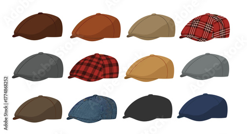 A diverse collection of twelve flat caps and newsboy hats in various solid colors and classic patterns, including plaid and subtle designs, on white.