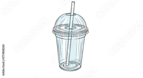 Empty, clear disposable plastic cup with a dome lid and a straw, perfect for cold beverages like iced coffee, smoothies, or bubble tea, depicted as a clean vector.