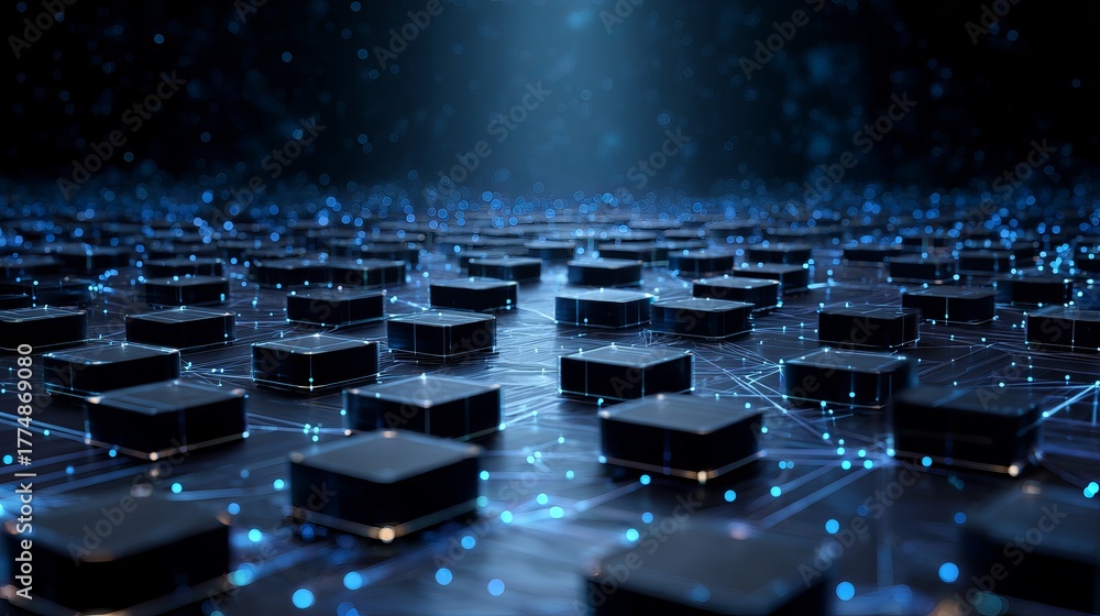 Obraz premium Stunning digital network grid with glowing blue data points and interconnected nodes creating a futuristic technological landscape