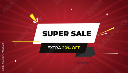 super sale extra twenty percent off web banner vector art template design label badge icon white black gray yellow shapes bold text dark red light sun shine abstract business background concept modern