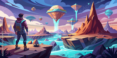 Curious explorer eyes a fantastical frontier of floating islands and crystalline arches