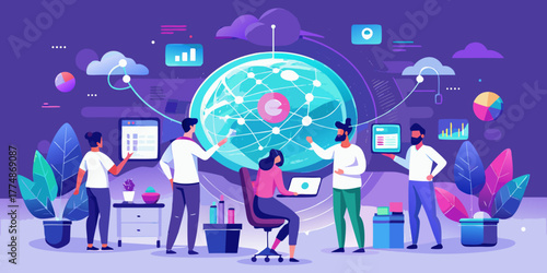 AI-driven data visions: cohesive vector scene of collaborative tech dashboards