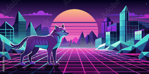 Neon retro animal in angular bold color design with sci‑fi city