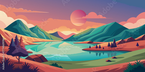 Fluid landscape of rolling hills and a calm lake in earthy gradients