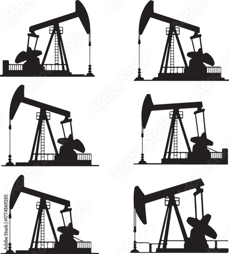 Six black oil pumpjack silhouettes on white background oil rig oil extraction
