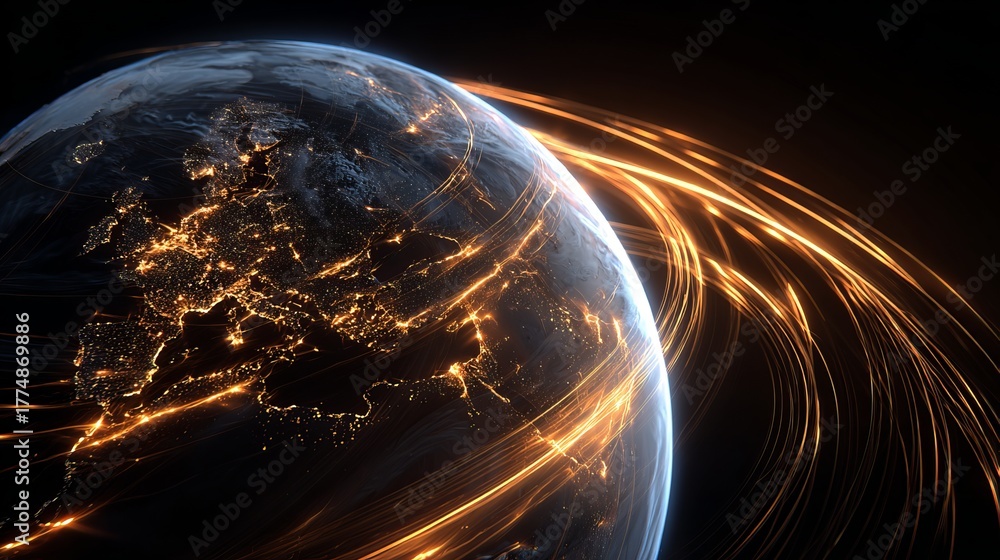 Fototapeta premium Dynamic global network lights pulsate across Earth's surface, symbolizing interconnectedness and digital flow in a stunning visual.