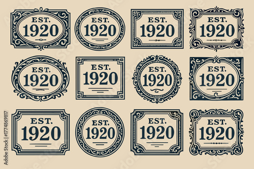 Vintage badge collection from 1920 with elegant ornamental frames and decorative borders