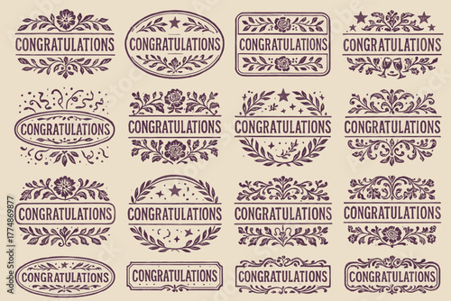 Elegant ornamental congratulations badges with floral and decorative motifs
