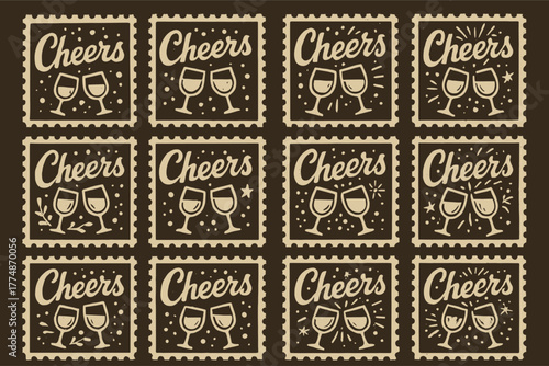 Cheers celebration stamps with festive wine glasses and text