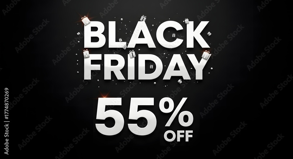 Fototapeta premium Black friday promotion with fifty five percent off discount on a dark background with gift icons
