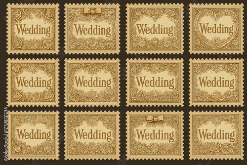Vintage wedding stamp collection with ornate floral designs and decorative borders