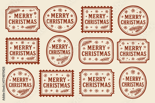 Vintage christmas labels collection featuring merry christmas greetings and festive elements