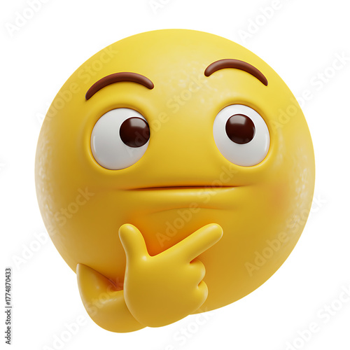 Thinking yellow emoji with hand on chin looking pensive and thoughtful 3D render isolated on transparent background
