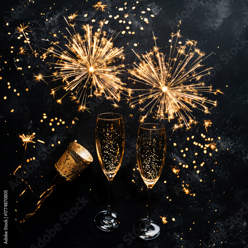 Champagne glasses surrounded by golden sparklers and lights. Elegant celebration concept for Christmas, New Year, and festive toasts.