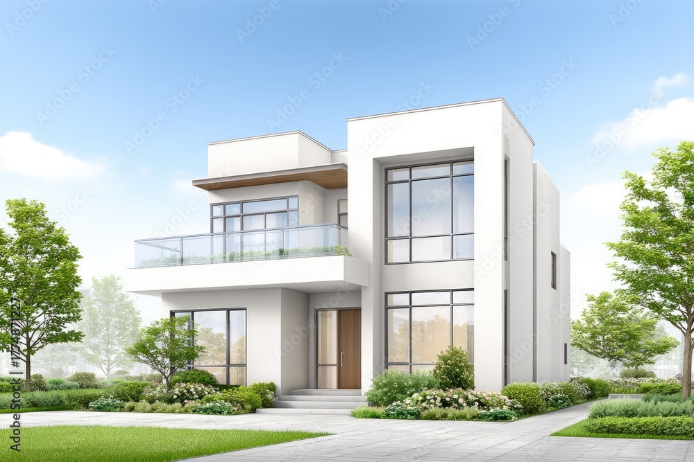 Fototapeta premium Contemporary white two-story house with large windows and green garden, modern architecture exterior