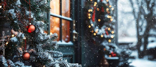 Close-up of snowy Christmas wreath with red ornaments on front door decorated with warm lights and garlands. Festive winter exterior mockup for greeting cards and New Year visuals.