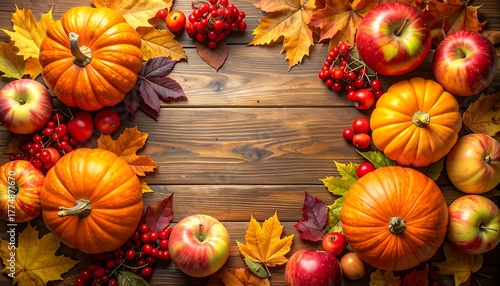 Wallpaper Mural Autumn Harvest Bounty - Pumpkins, Apples, and Berries on Wood. Torontodigital.ca